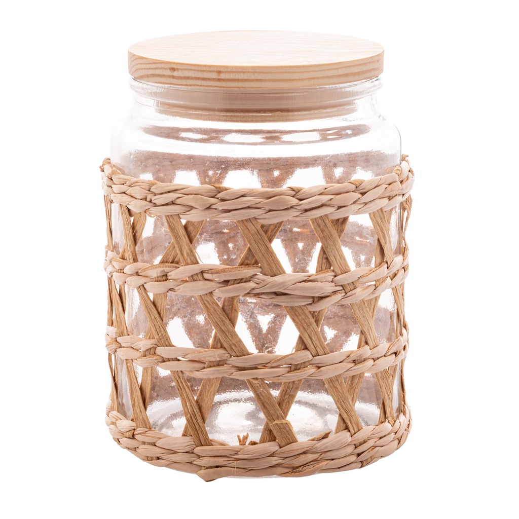 Porta Mantimentos De Vidro C/ Sisal E Tampa De Madeira 750Ml