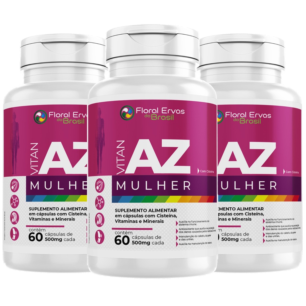 Kit 3 Uni Vitan A-Z MUlher 60 Cápsulas 500mg Suplementos Mulher Vitamina A Z Mulher Floral Ervas do Brasil