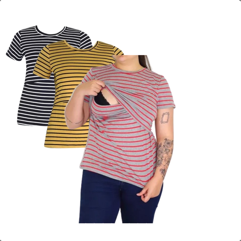 Kit 3 Blusas Amamentação Em Viscolycra Listrada Plus Size