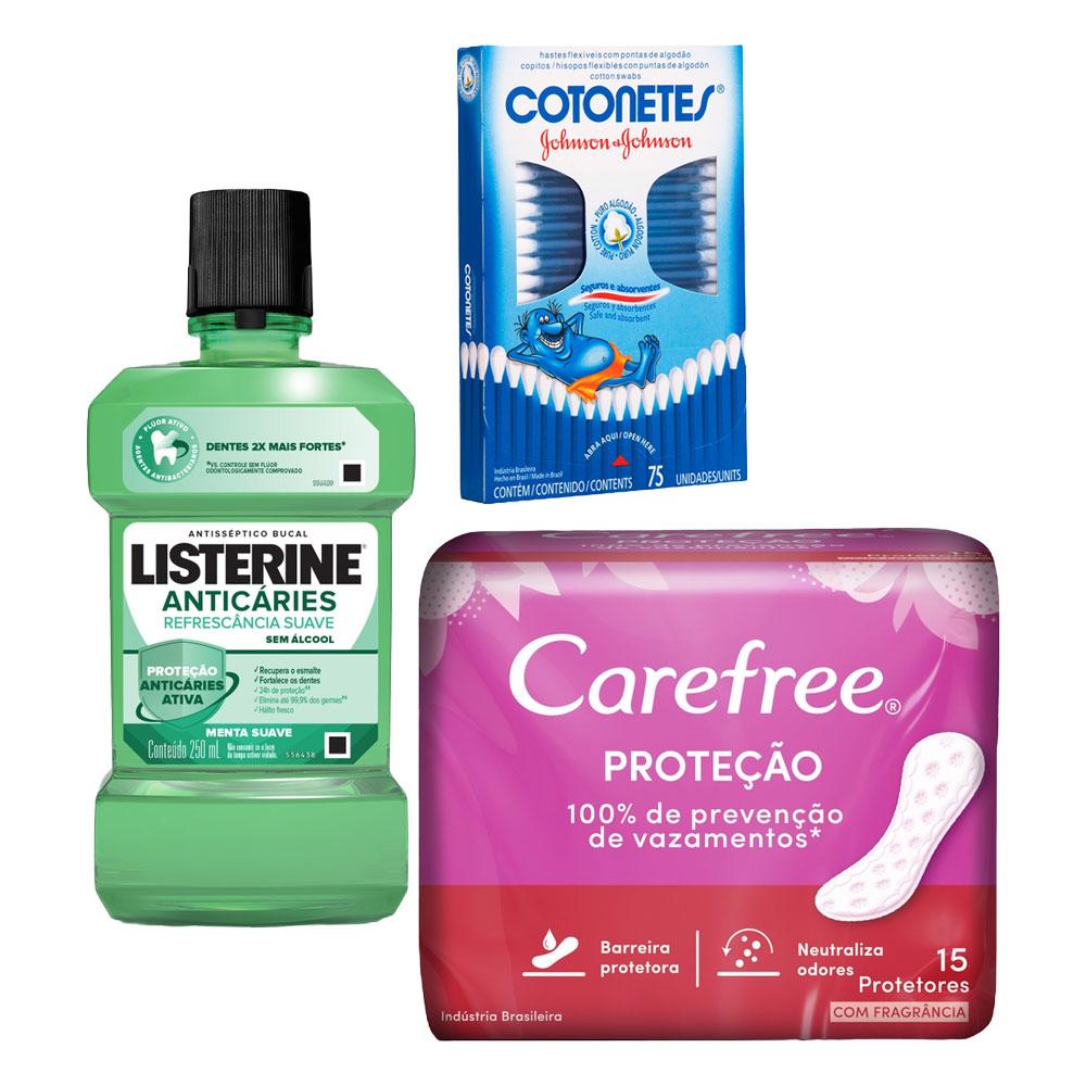 Kit Protetor Diário Carefree + 75 Hastes Flexíveis + Antisséptico Bucal Listerine Anticáries Zero 250ml - Health