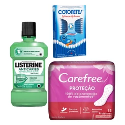 Kit Protetor Diário Carefree + 75 Hastes Flexíveis + Antisséptico Bucal Listerine Anticáries Zero 250ml