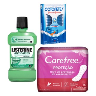 Kit Protetor Diário Carefree + 75 Hastes Flexíveis + Antisséptico Bucal Listerine Anticáries Zero 250ml