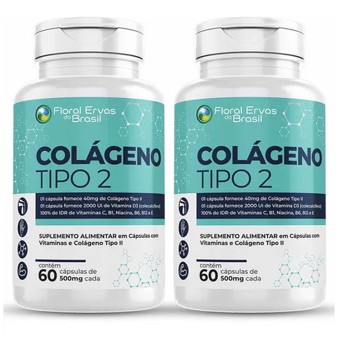 Colágeno Tipo 2 II 500mg 120 Cápsulas Vitaminas C , E, B6 b1 B12 D3 Niacina Articulções UC 2 2 frasco x 60 Cápsulas