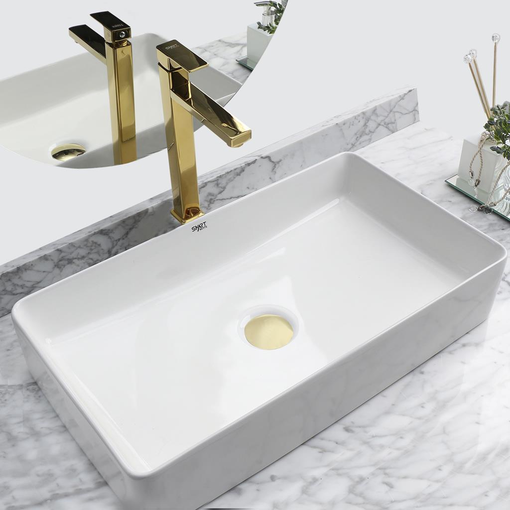 Kit Cuba Pia Louca Ceramica Banheiro Com Torneira e Válvula Dourada 1