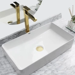 Kit Cuba Pia Louca Ceramica Banheiro Com Torneira e Válvula Dourada 1