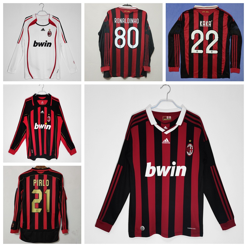 2006-07 09-10 13-14 Temporada AC Milan Retrô Manga Longa Jersey Futebol Kaka Pirlo Romahho Inzaghi Camisas
