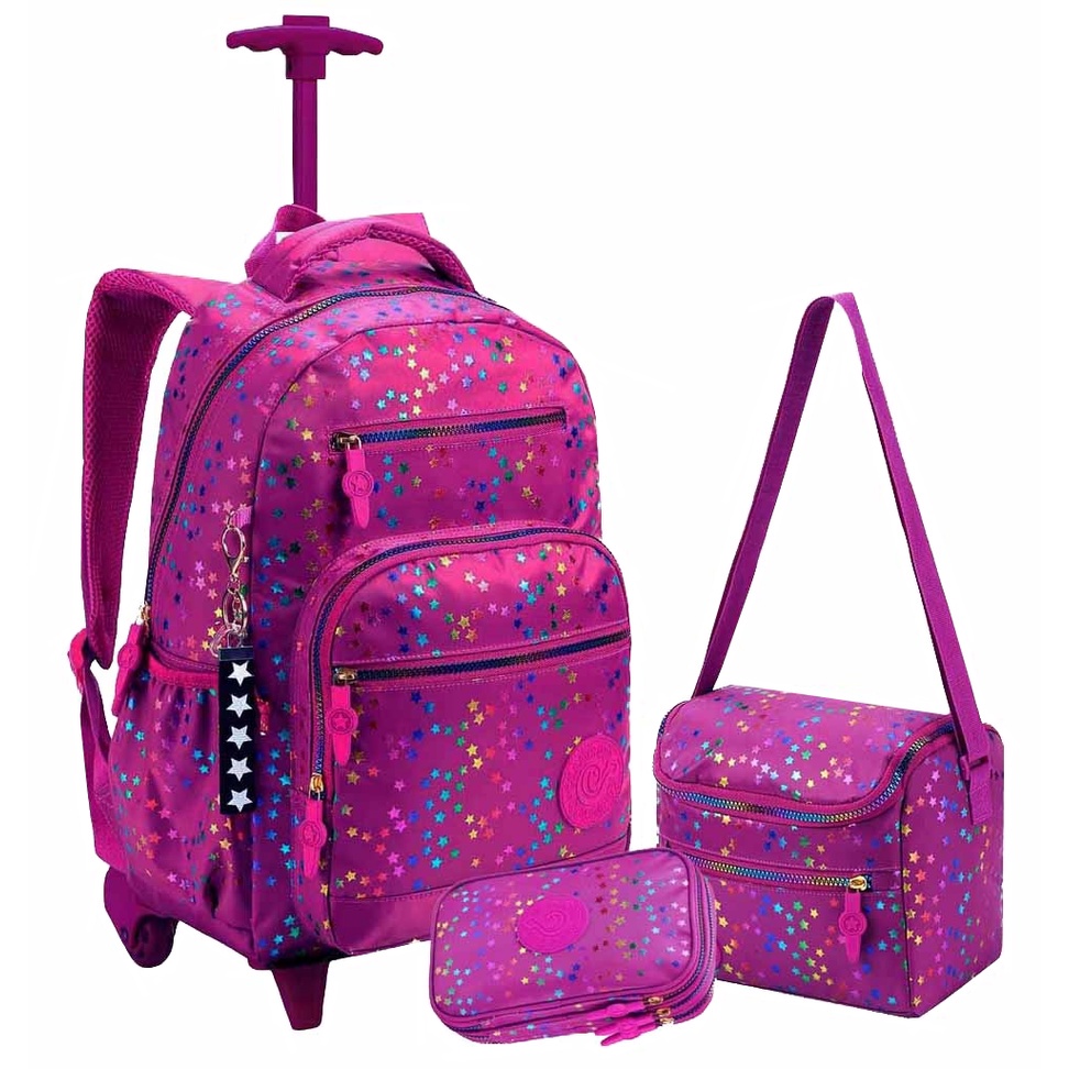 Kit Mochila Escolar Rodinhas Feminina Menina Juvenil Infantil Holográfico Estrelinhas Chaveiro Roxo Rosa Azul Estojo Soft Luxo Lancheira Térmica Impermeável