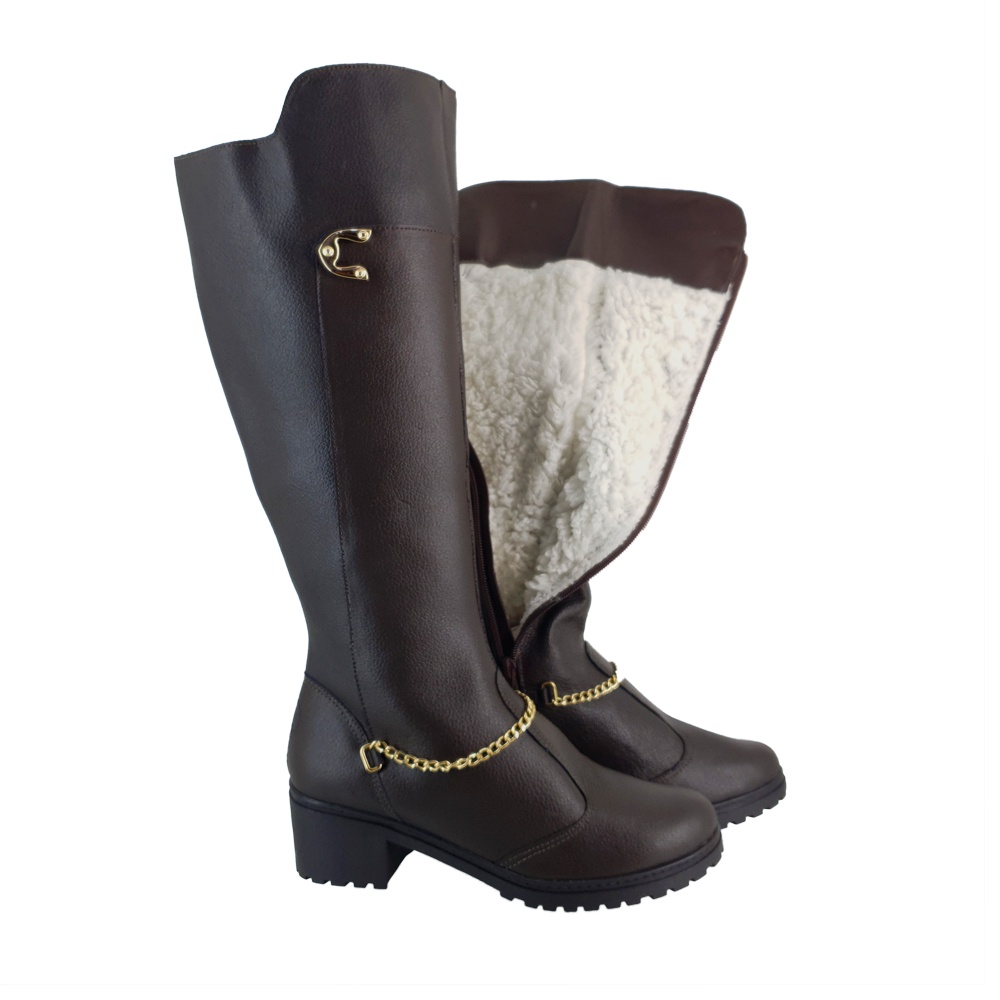 Bota Feminina Couro Neve 100% forrada Lã Pelo Salto Alto Médio Inverno Impermeável SP4103