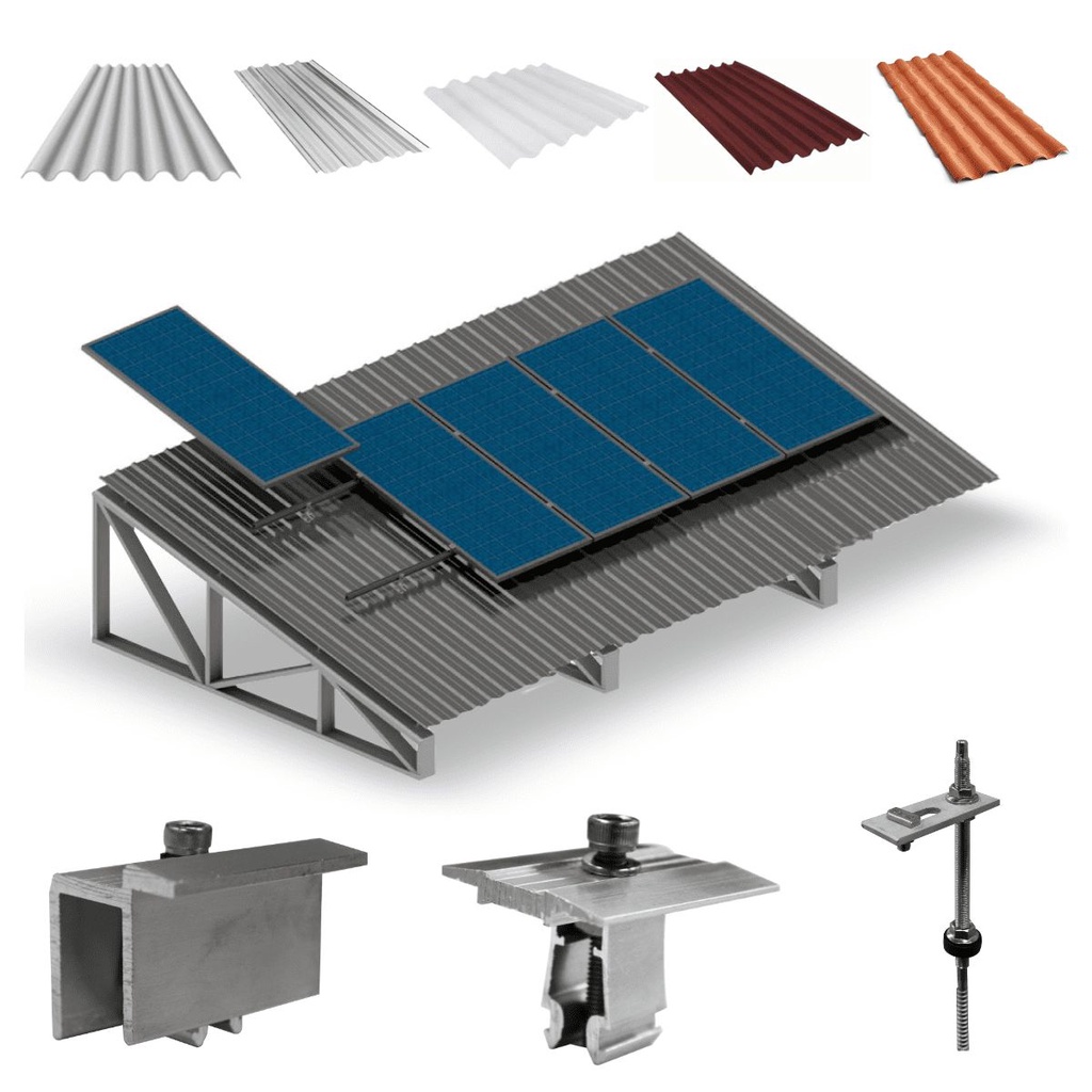Kit Estrutura Suporte Fixador P/5 Placas Solar Alumínio e Inox Telha Fibro Ondulada em Viga Metálica