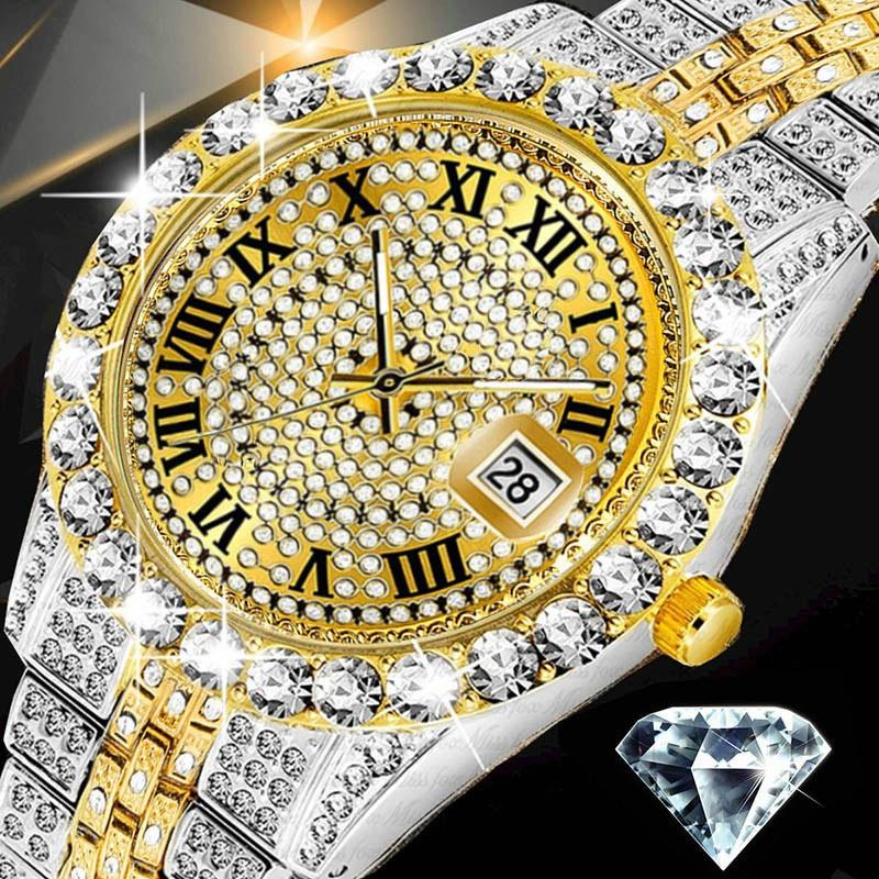 Relógio Masculino Grande Diamante Luxo Ouro 18 K Quartzo Requintado Homem Hip Hop Gelado Saída Relogio