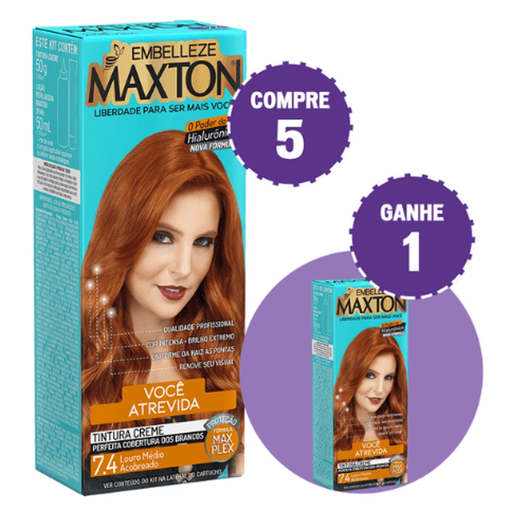 KIT COMPRE 5 TINTA DE CABELO MAXTON RUIVA +ATREVIDA LOURO MÉDIO ACOBREADO 7.4 E GANHE 1