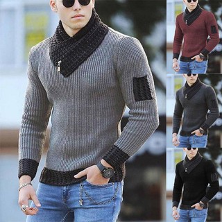 Pulôver Masculino De Malha Fina Com De Manga Comprida E Colarinho De Lenço Camisola Em patchwork