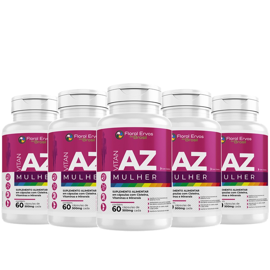 Kit 5 Uni Vitan A-Z MUlher 60 Cápsulas 500mg Suplementos Mulher Vitamina A Z Mulher Floral Ervas do Brasil