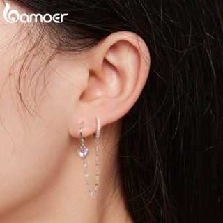 (1 Peça) Bamoer Silver 925 Heart Shaped Moonstone Double Circle Earbuckles Long Tassel Earring Fashion Jewellery Para Mulheres