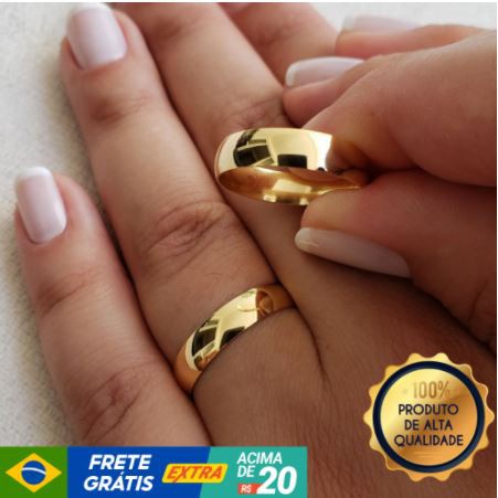 Par de Aliança Folheado Ouro 18K Anatômica Lisa de Aço Inox Não Fica Preta Alianca