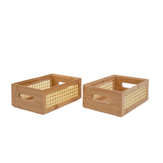 Kit 2 caixas organizadoras empilháveis de bambu e palhinha 24cm - Oikos em Oferta na Shopee