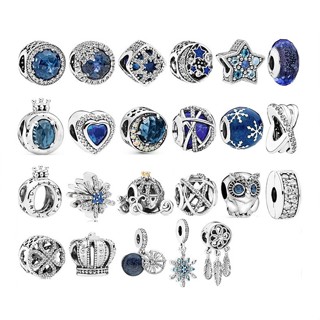 Prata Esterlina S925 Charme DIY Azul Frisado Coroa Coruja Contas Soltas Coração Oceano Brilhante Pingente De Floco De Neve