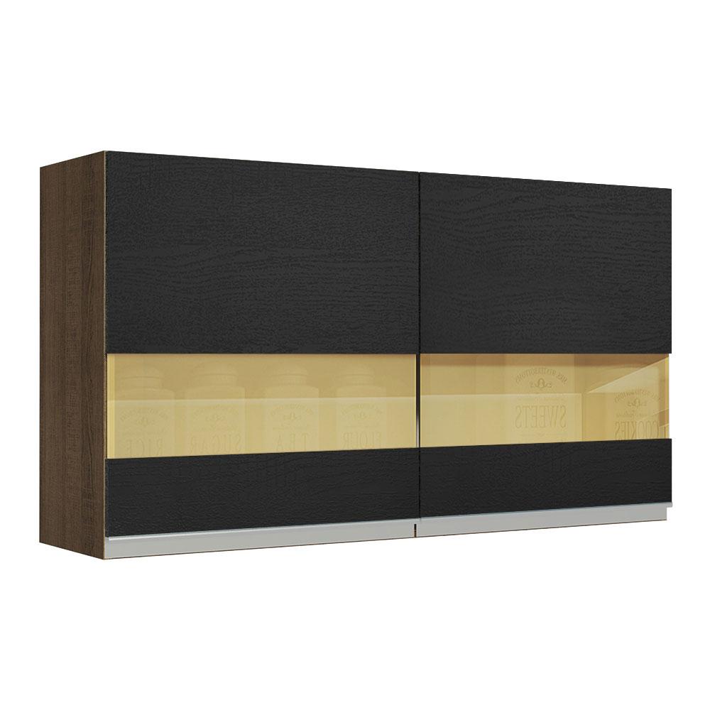 Armário de Cozinha Aéreo 120 cm 2 Portas com Vidro Rustic/Preto Glamy Madesa