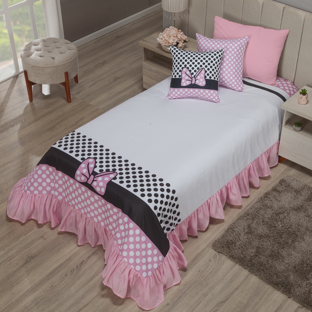 Kit Colcha Cobre - Leito Infantil Solteiro Menina Minnie Rosa Com Babado Rosa 1,70 X 2,30 (06 Peças)