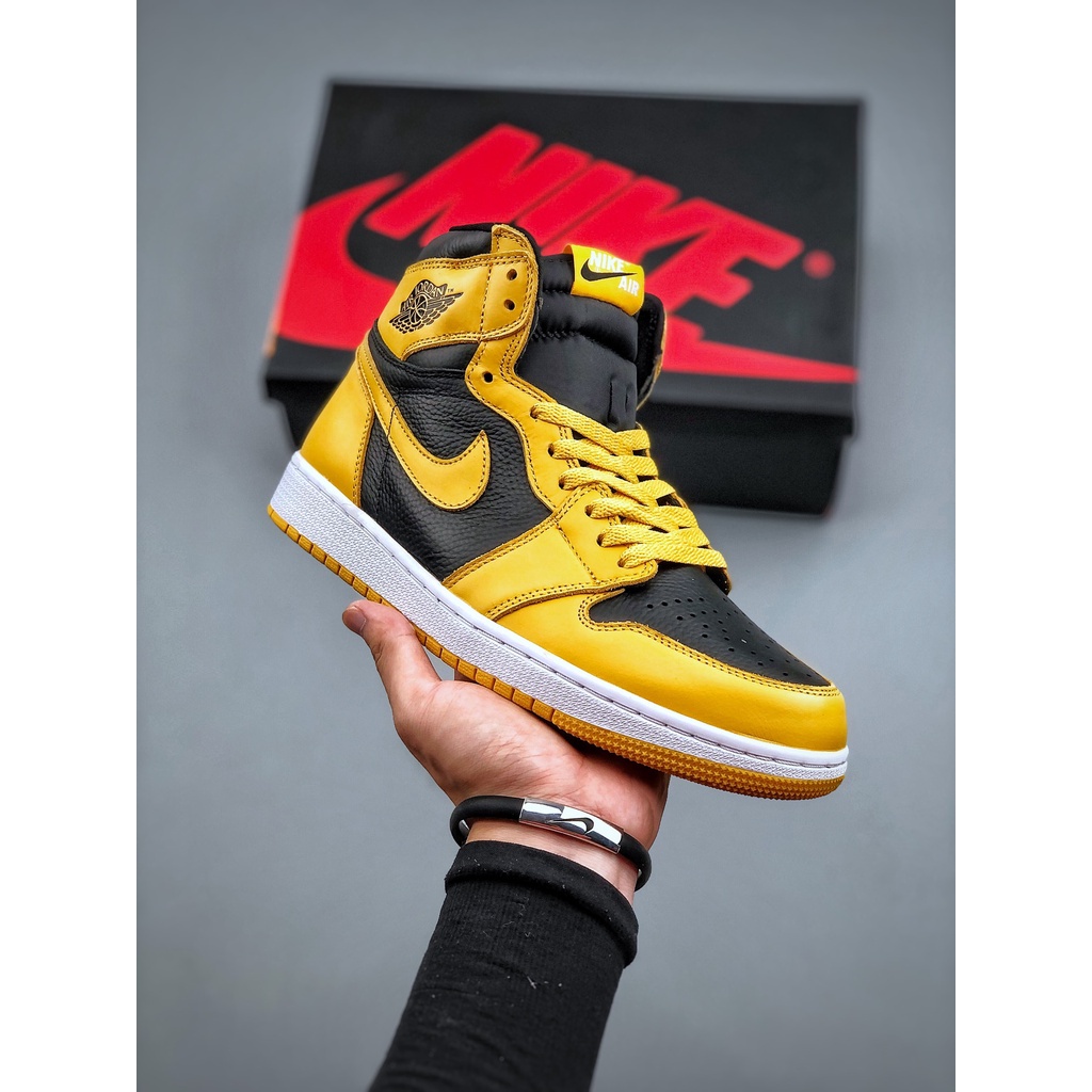 Unisex Air Jordan 1 Retro High'pollen AJ1 Black Yellow Basketball shoes For Men Sneakers Women Couple Standard Size : 35-46