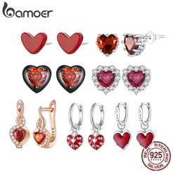 Brincos Bamoer 925 Prata Coração Brinco Vermelho Fashion Jewelry For Women Girls Gift