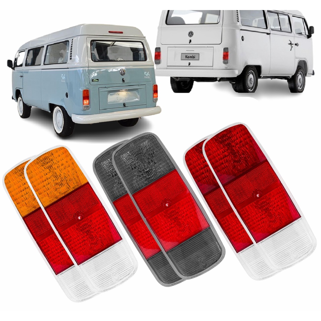 Par de Lentes Lanterna Sinaleira Traseira VW Kombi 76 a 2014 Clipper Carat Perua Standart Fumê Tricolor Bicolor