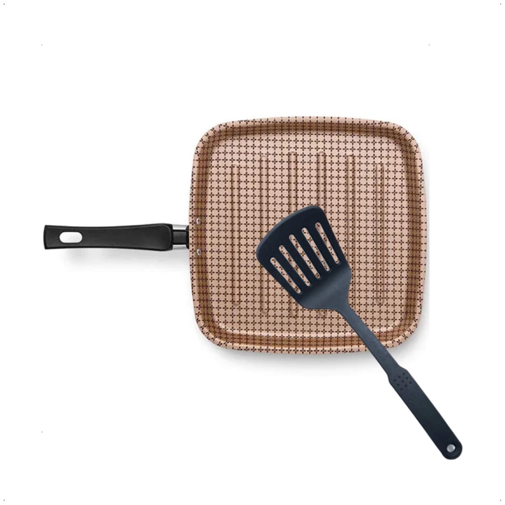 Panela Grill Bistequeira Flora 1,1 Litros Antiaderente 7 Camadas Com Espátula de Nylon Vazada Preto