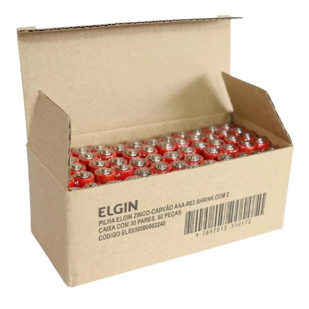 Pilha Zinco AAA Elgin Bateria Carvão 3A Palito Caixa kit com 60 unidades