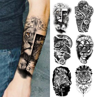 【 Tatuagens 】 Adesivo De Tatuagem Floresta Preta Para Mulheres Homens Crianças Tigre Lobo Morte Crânio Temporário Animal
