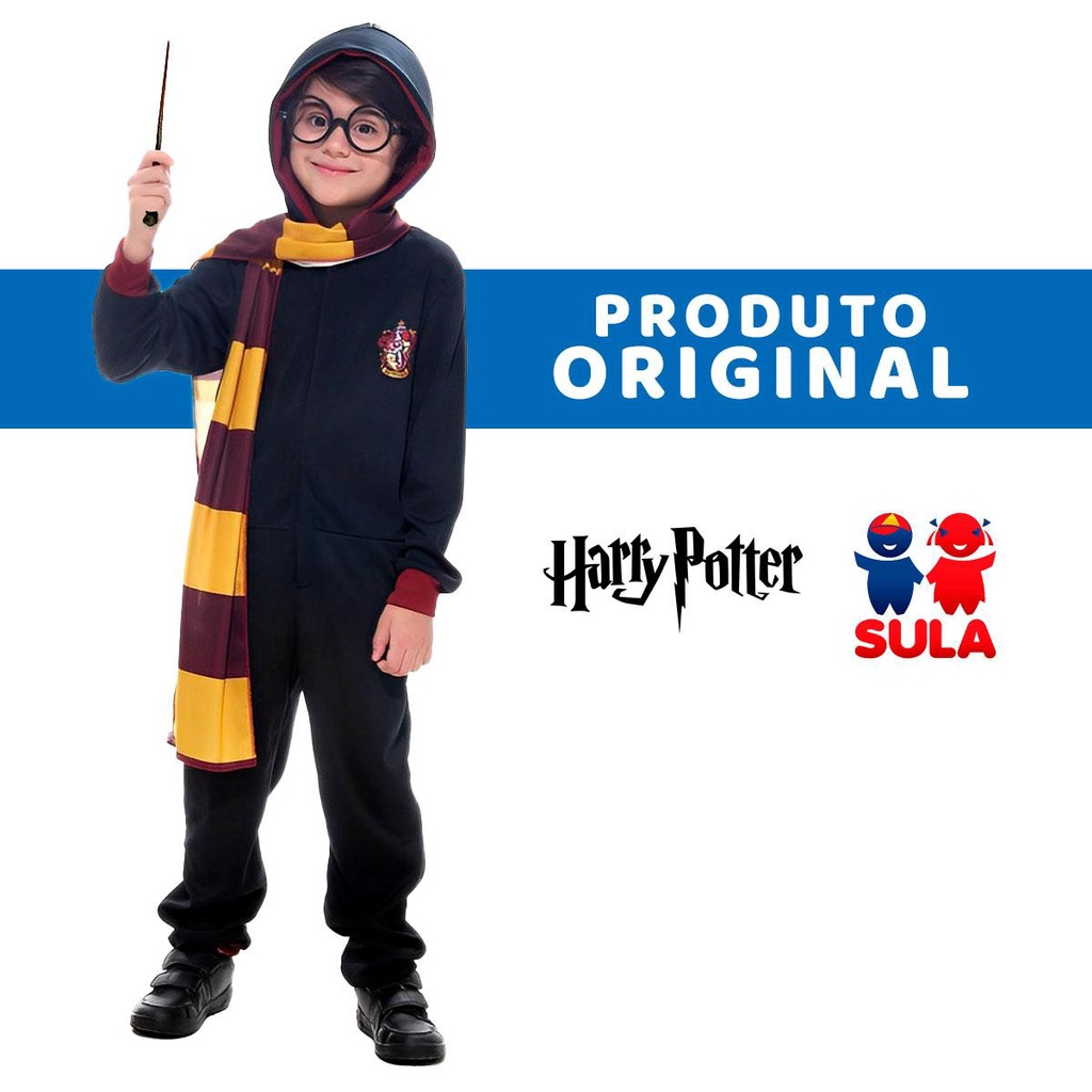Fantasia Harry Potter Macacão Infantil C/Capuz Óculos Cachecol