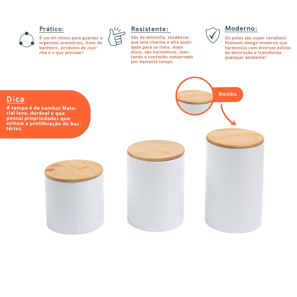 Detalhes do Kit 3 potes dolomita com tampa de bambu zig zag 900ml, 1,2l e 1,5l - Oikos