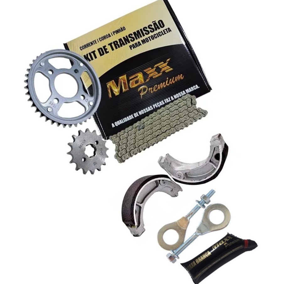 Kit reposição PREMIUM relação Titan Cg 150 2004 ate 2008 / Adapta-se Titan 125 2009 em diante kit completo transmissão ou coroa + pinhão ou corrente ou lona ou esticadores ou graxa Maxx Premium