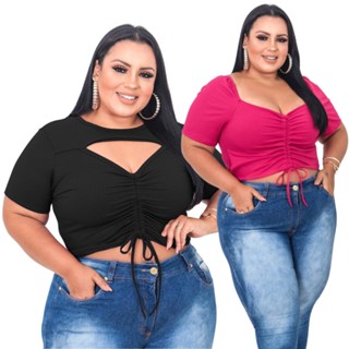 Kit 2 Cropped Feminino Plus Size Manga Princesa e Cropet Diamante Ciganinha Blusa Grande Verão GG