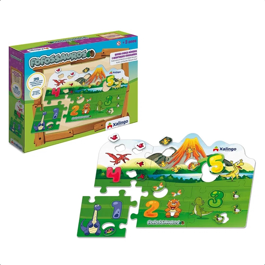 Quebra-cabeça Cartão Números e Quantidades Fofossauros 36x24 cm Papel Cartão 25 Peças +4 anos Xalingo - 54498 em Oferta na Shopee