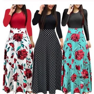 Vestido longo feminino de manga comprida/gola redonda/casual/retrô para verão/outono 3GSC