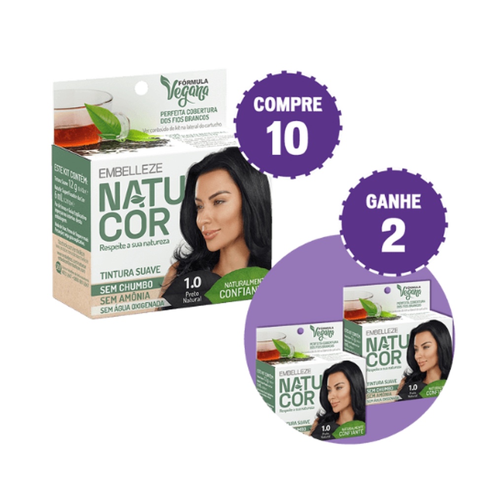 KIT COMPRE 10 TINTA DE CABELO NATUCOR NATURALMENTE CONFIANTE CHÁ PRETO PRETO NATURAL 1.0 E GANHE 2