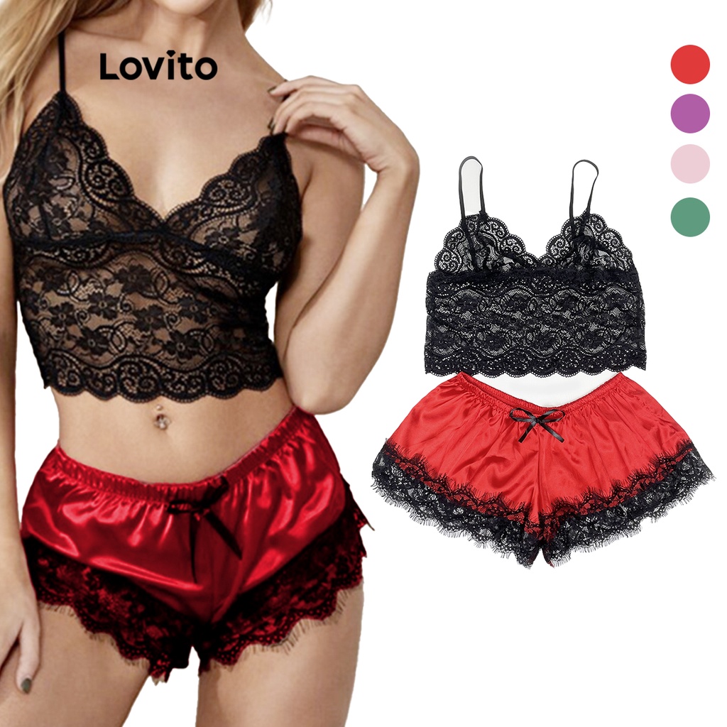 Lovito Conjunto Baby Doll em Renda Slim Fit Sexy Sem Elasticidade L00006 (Verde Escuro / Roxo / Rosa / Vermelho)