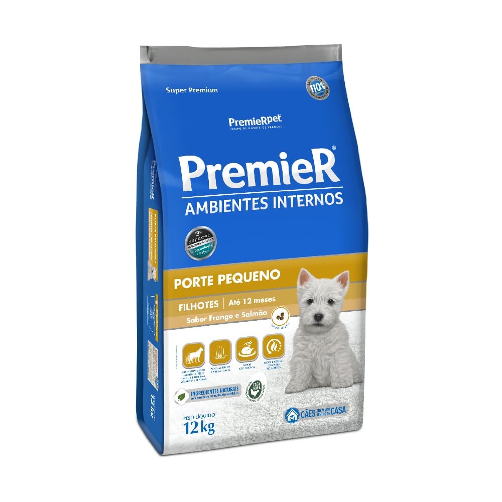 Ração Premier Ambientes Internos Cães Filhotes Raças Pequenas Sabor Frango E Salmão 12kg