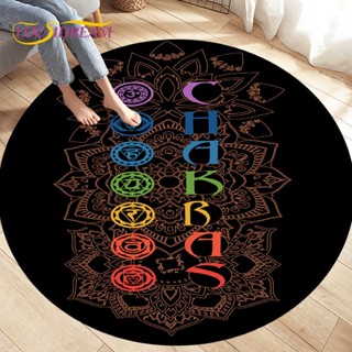 Rainbow 7 Chakra Mandala Boho Round Rug , Sala De Estar Decorativo Redondo Piso De Yoga Macio Antiderrapante