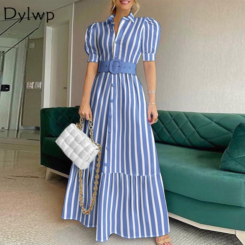 Vestido Maxi Listrado Feminino Com Manga Bufante Elegante Longo Cinto