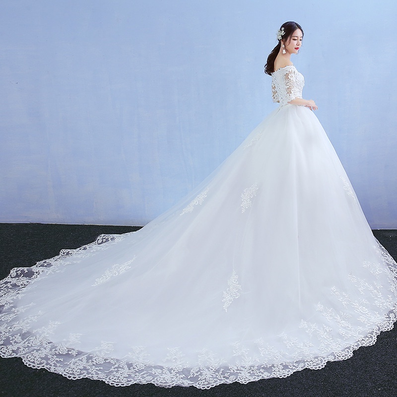 Um Ombro Vestidos De Casamento Noiva 2023 Novo Longo Reboque Princesa Coreana Manga Longa Qiji