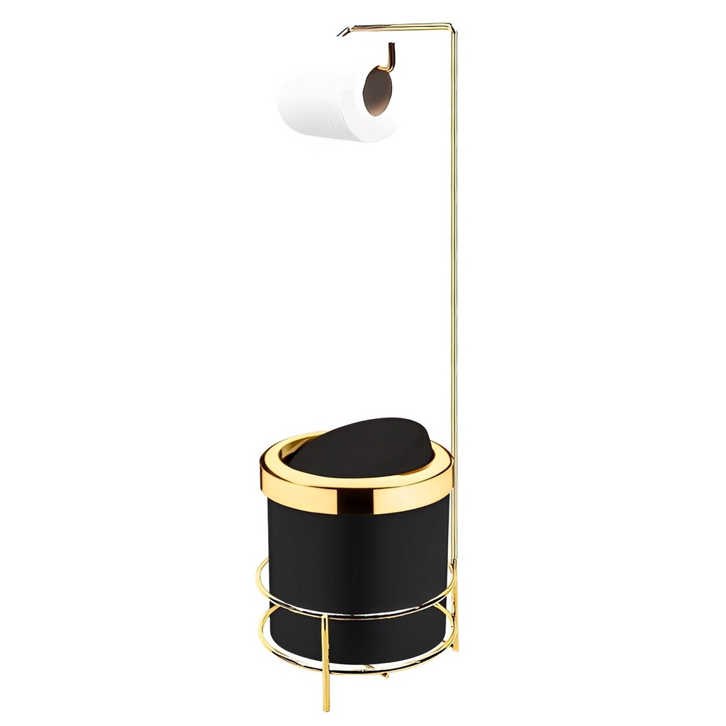 Kit Suporte Porta Papel Higiênico Com Lixeira 5L Cesto Lixo Tampa Basculante Banheiro Dourado Preto - Future