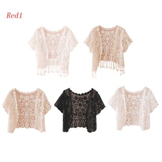 Vermelho1 Borlas Frontais Abertas Femininas Renda Cardigã Transparente Crochê Floral Curta Shrug Top Bolero Jaquetas Para Vestidos