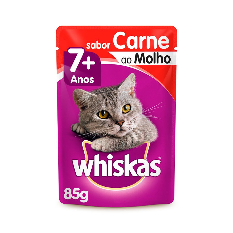 Ração Úmida Whiskas Para Gatos Adultos 7+ Anos Sachê Sabor Carne ao Molho - 85g