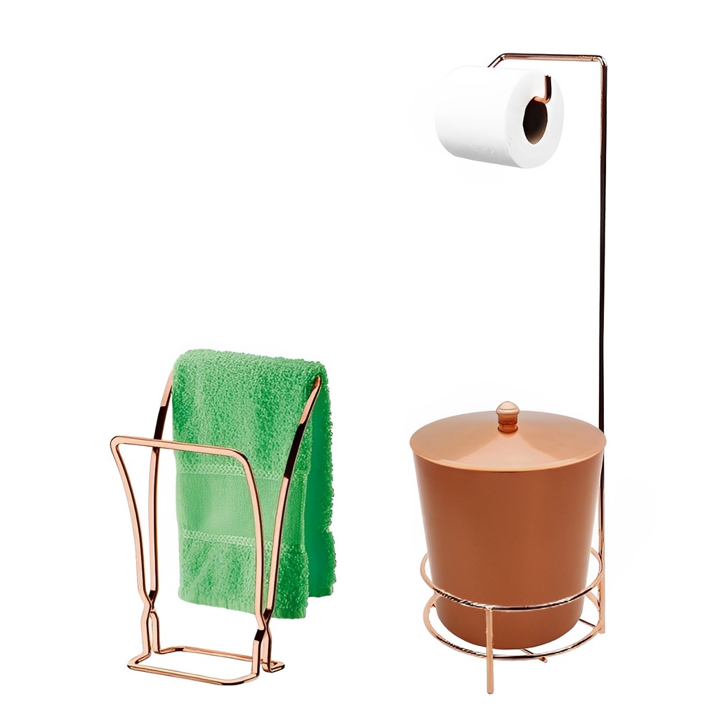 Kit Suporte Porta Papel Higiênico Lixeira 5L Tampa Pino Toalheiro Duplo Rose Gold Banheiro - AMZ