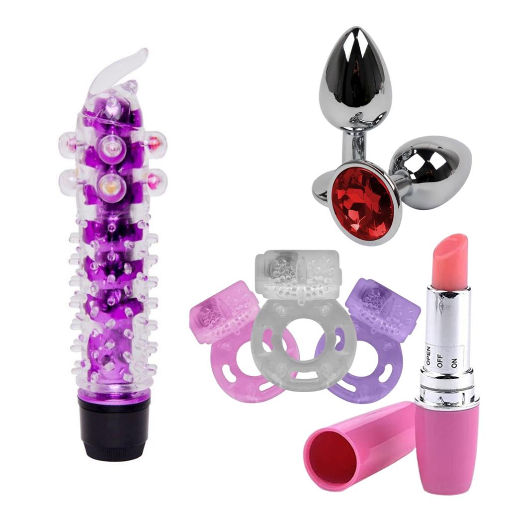 Kit Vibrador Feminino Ponto G Personal Anel Peniano Plug Anal Joia Aco Inox Vibro Batom 4973