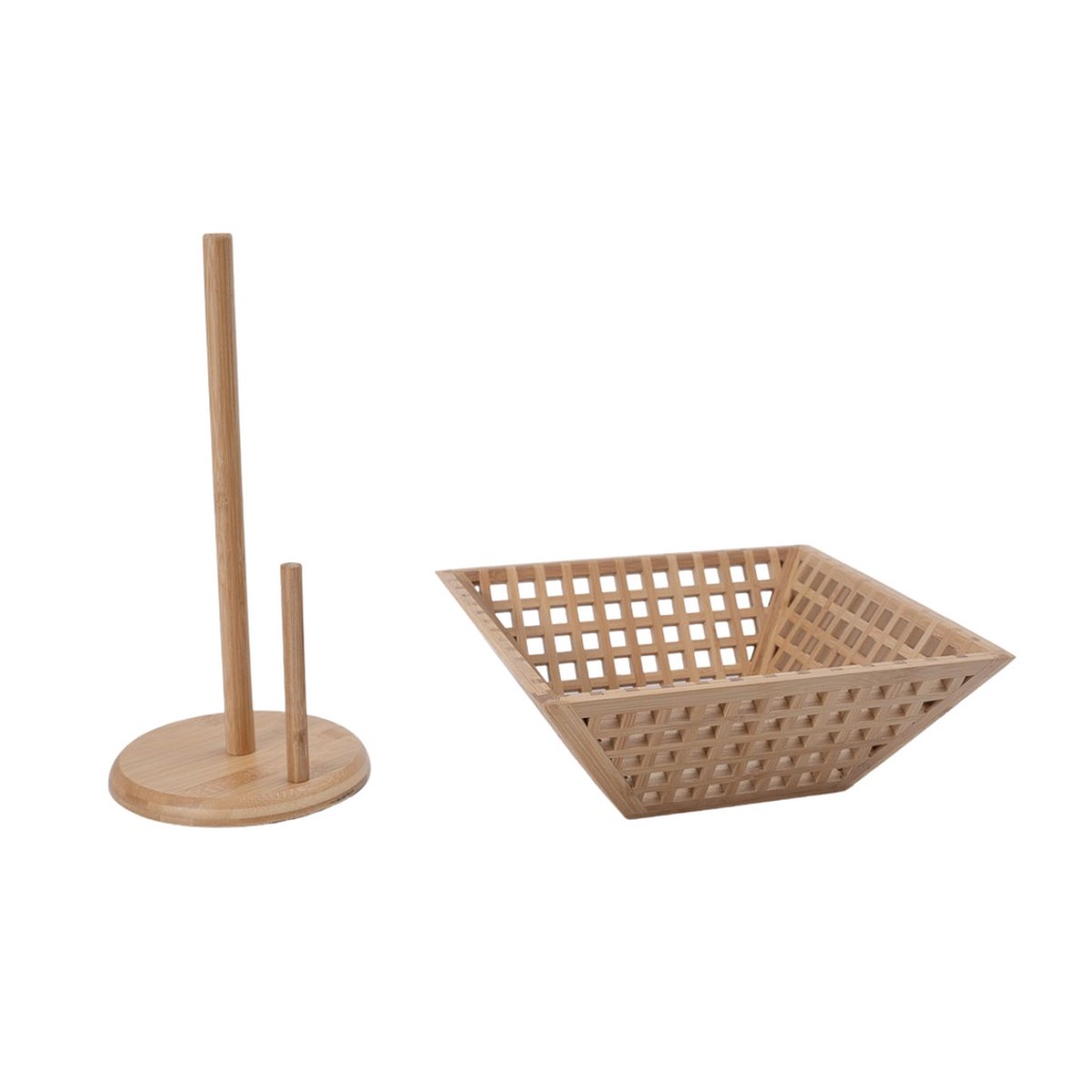 Kit com fruteira vazada de bambu e porta papel toalha de bambu - Oikos em Oferta na Shopee