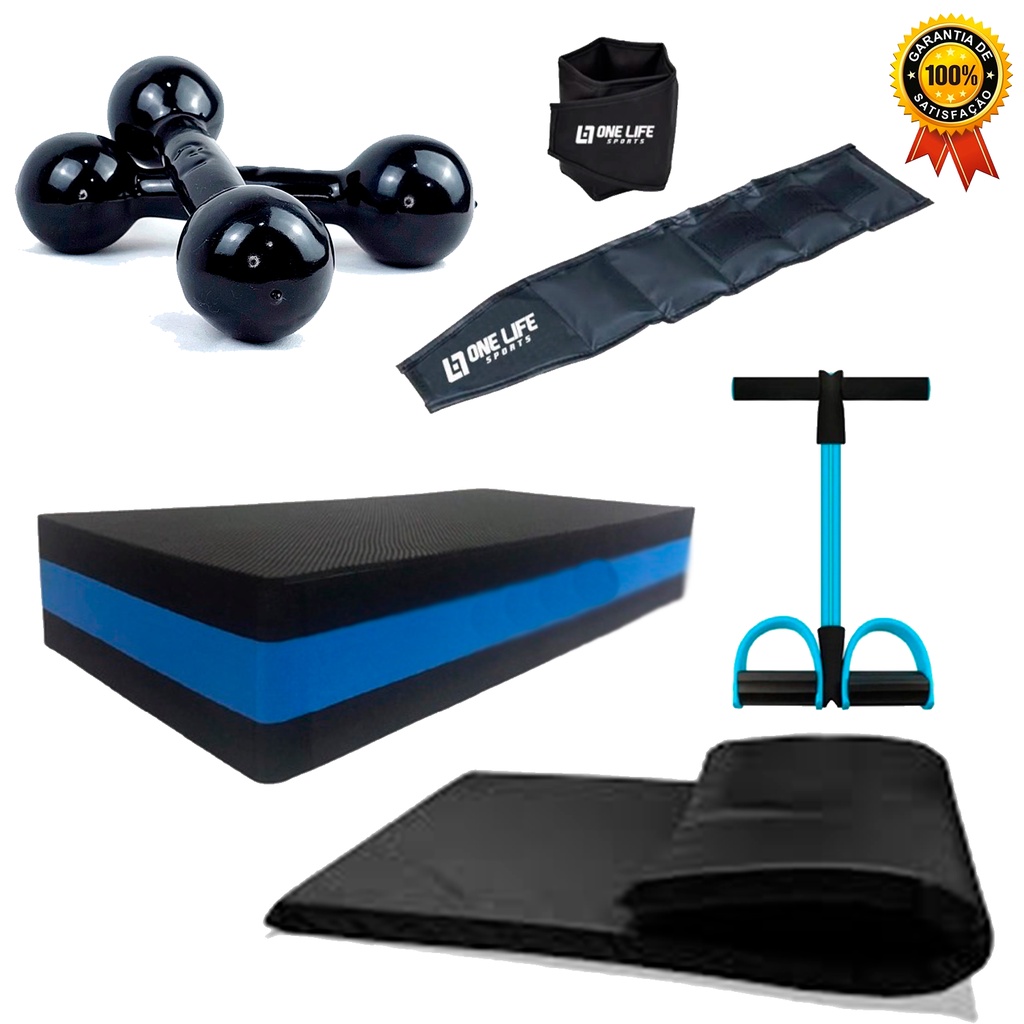 Imagem Kit treino funcional Completo Academia em Casa - Colchonete + Step + Extensor elástico + Caneleira + Halter