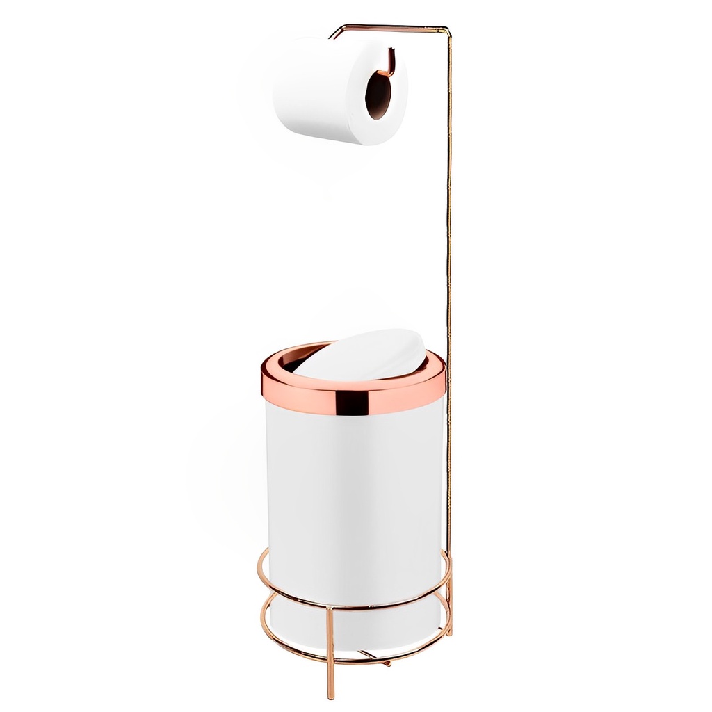Kit Suporte Porta Papel Higiênico Com Lixeira 8L Cesto Lixo Tampa Basculante Banheiro Rose Gold Branco - Future