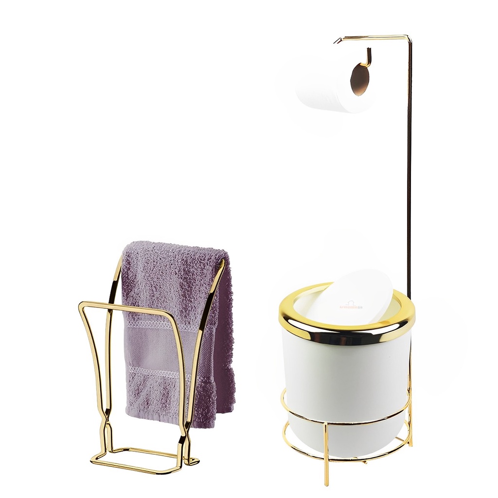 Kit Suporte Porta Papel Higiênico Lixeira 5L Tampa Basculante Redonda Toalheiro Duplo Branco Dourado Banheiro - AMZ